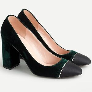 J. Crew Green Velvet Heels with Black Cap-Toe Spruce Green size 8 NEW $198